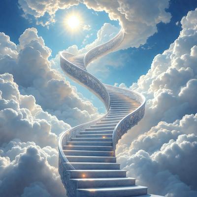 The primary subject of the image is a staircase made of clouds, with a sun at the top. The staircase is white and appears to be floating in the sky. The setting is a cloudy blue sky, which serves as the backdrop for the staircase. The visual style is digital art, as the clouds are depicted in a detailed and intricate manner. The colors and mood of the image are bright and whimsical, with the sun and clouds creating a sense of wonder and imagination.